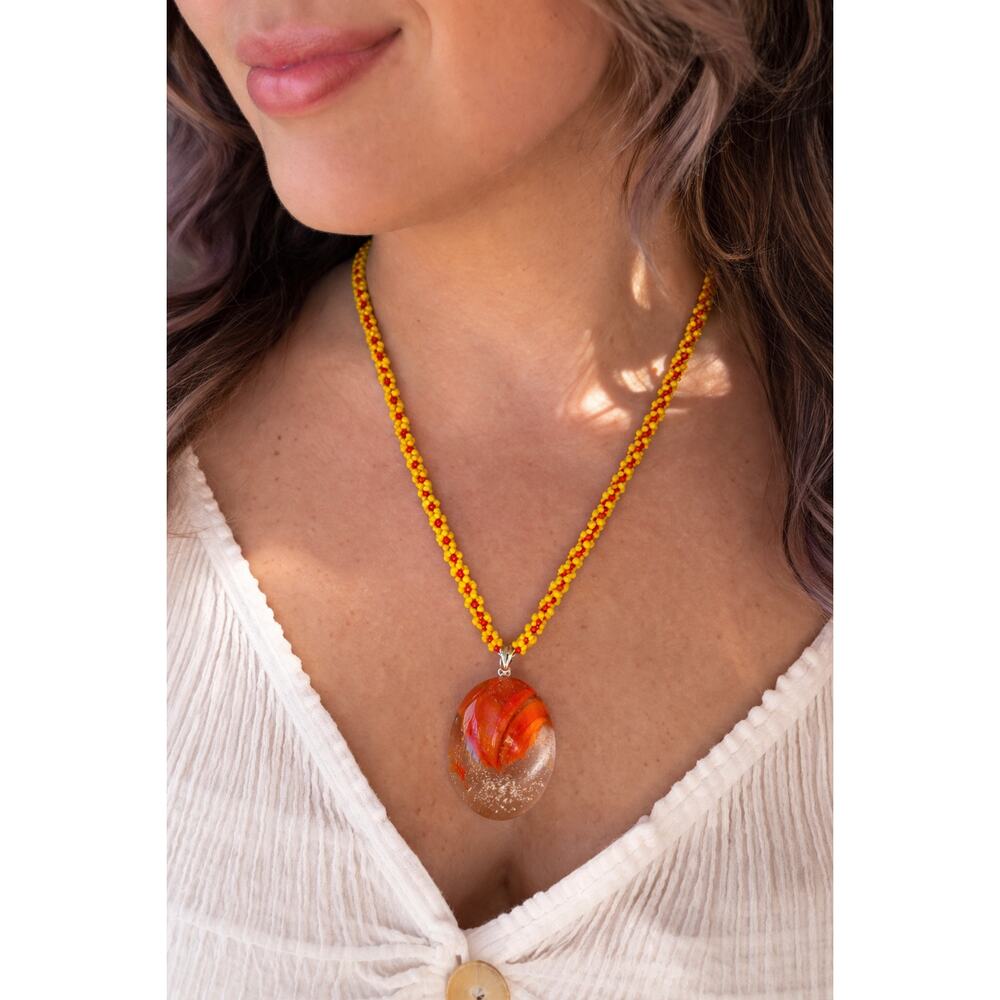 One of a kind Upcycled Boho Necklace Seed beads Fused Glass Pendant R0000139